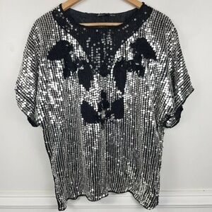 UMA 100% Pure Silk Sequin Beaded Formal Top One Size Black Silver Made In India 